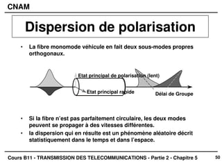 50
CNAM
Cours B11 - TRANSMISSION DES TELECOMMUNICATIONS - Partie 2 - Chapitre 5
• La fibre monomode véhicule en fait deux sous-modes propres
orthogonaux.
• Si la fibre n’est pas parfaitement circulaire, les deux modes
peuvent se propager à des vitesses différentes.
• la dispersion qui en résulte est un phénomène aléatoire décrit
statistiquement dans le temps et dans l’espace.
Etat principal de polarisation (lent)
Etat principal rapide Délai de Groupe
Dispersion de polarisation
 