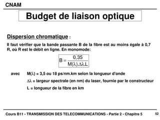 52
CNAM
Cours B11 - TRANSMISSION DES TELECOMMUNICATIONS - Partie 2 - Chapitre 5
Dispersion chromatique :
Il faut vérifier que la bande passante B de la fibre est au moins égale à 0,7
R, où R est le débit en ligne. En monomode:
B =
0,35
M(λ).∆λ.L
avec M(λ
λ
λ
λ) = 3,5 ou 18 ps/nm.km selon la longueur d'onde
∆λ
∆λ
∆λ
∆λ = largeur spectrale (en nm) du laser, fournie par le constructeur
L = longueur de la fibre en km
Budget de liaison optique
 