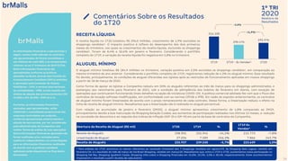 2020
1º TRI
Relatório de
Resultados
314.100
290.476
295.976
1T19 1T19 - Ex Vendas¹ 1T20
ALUGUEL MÍNIMO
O aluguel mínimo totalizou R$ 184,9 milhões no trimestre, variação positiva em 2,0% excluídos os shoppings vendidos¹, em comparação ao
mesmo trimestre do ano anterior. Considerando o portfólio completo do 1T19, registramos redução de 4,3% no aluguel mínimo. Esse resultado
foi devido, principalmente, às condições de aluguel oferecidas aos lojistas após as restrições de funcionamento aplicadas em nossos shoppings
a partir de 18 de março de 2020.
Como forma de apoiar os lojistas a Companhia reduziu em 50% os aluguéis referentes ao mês de março para os shoppings administrados, e
postergou seu vencimento para fevereiro de 2021, sob a condição de adimplência dos boletos de fevereiro em diante, com exceção de
operações que continuaram funcionando (mais detalhes na seção de Iniciativas COVID-19). A política comercial adotada fez com que o fluxo dos
contratos de locação sofresse modificações, em conformidade com as normas CPC06 e IFRS. Em razão do exposto anteriormente, os contratos
de aluguel mínimo foram linearizados de acordo com o prazo remanescente de cada contrato. Dessa forma, a linearização reduziu o efeito na
linha de receita de aluguel mínimo. Ressaltamos que a linearização não é realizada no aluguel percentual.
Com relação ao acumulado de janeiro e fevereiro (2M20), o aluguel mínimo apresentou crescimento de 4,8% comparado ao 2M19,
principalmente devido a boa maturação do Shopping Estação Cuiabá, aos aumentos de participação realizados nos últimos 12 meses, a redução
na concessão de descontos e ao reajuste dos índices de inflação (IGP-DI e IGP-M) em parte da base de contratos da Companhia.
14
RECEITA LÍQUIDA
A receita líquida no 1T20 totalizou R$ 296,0 milhões, crescimento de 1,9% excluídos os
shoppings vendidos¹. O impacto positivo é reflexo do desempenho dos dois primeiros
meses do trimestre, nos quais os crescimentos da receita líquida, excluindo os shoppings
vendidos¹, foram de 8,4% e 10,6% em janeiro e fevereiro. Considerando o portfólio
completo do 1T19, a variação da receita líquida foi negativa em 5,8% no trimestre.
Comentários Sobre os Resultados
do 1T20
brMalls
As informações financeiras e operacionais a
seguir, exceto onde indicado ao contrário,
são apresentadas de forma consolidada e
em milhares de reais (R$), e as comparações
referem-se ao 1º trimestre de 2019 (1T19).
Estas informações financeiras são
apresentadas conforme as práticas
adotadas no Brasil, através dos Comitês de
Pronunciamento Contábeis (CPC’s) emitidos
e aprovados pela Comissão de Valores
Mobiliários – CVM, e normas internacionais
de contabilidade – IFRS, exceto quanto aos
efeitos da adoção dos pronunciamentos CPC
19 (R2) e CPC 36 (R3) – IFRS 10 e 11.
Portanto, as informações financeiras
ajustadas, aqui apresentadas, estão
refletindo a consolidação proporcional das
empresas controladas em conjunto,
conforme apresentadas anteriormente a
adoção de tais normas, por ser considerada
pela administração da Companhia uma
melhor forma de análise de suas operações.
Estas informações financeiras ajustadas não
foram auditadas e/ou revisadas pelos
auditores independentes e as reconciliações
para as informações financeiras auditadas
de acordo com as práticas contábeis
aplicáveis estão disponíveis no final deste
documento.
¹ Para análises do 1T19, excluímos os valores referentes ao resultado trimestral dos 7 shoppings vendidos em agosto/19, do Shopping Sete Lagoas, vendido em
fevereiro/19, e o resultado do mês de março do Via Brasil Shopping, vendido em março/20. Ressaltamos que, entre o 1T19 e 1T20, aumentamos nossa participação no
Shopping Del Rey, Shopping Iguatemi Caxias, Shopping Villa-Lobos e Shopping Piracicaba em 15,0%, 25,5%, 5,0% e 38,4%, respectivamente. Estes acontecimentos
impactaram o resultado a partir da data de cada evento.
+1,9%
-5,8%
Abertura da Receita de Aluguel (R$ mil) 1T20 1T19 %
1T19 Ex
Vendas¹
%
Receita de Aluguéis 198.901 231.941 -14,2% 215.773 -7,8%
Linearização de Aluguel 27.036 7.589 256,3% 7.866 243,7%
Receita de Aluguéis 225.937 239.530 -5,7% 223.639 1,0%
 