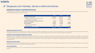 2020
1º TRI
Relatório de
ResultadosDespesas com Vendas, Gerais e Administrativas
22
DESPESAS ADMINISTRATIVAS
As despesas administrativas apresentaram redução de 27,8% no trimestre. As despesas com salários, encargos e benefícios tiveram redução de 9,9% quando comparadas ao 1T19.
A redução em despesas com participação nos lucros foi resultado da não constituição de provisão no 1T20, em razão da pandemia de COVID-19.
DESPESA DE REMUNERAÇÃO BASEADA EM AÇÕES
A redução de R$ 7,1 milhões em despesas de remuneração baseada em ações é explicada principalmente pela performance da ação da Companhia no período, que apresentou
desvalorização em relação aos pares do setor. Desta forma, houve reversão do provisionamento do plano de incentivo de longo prazo. Esta reversão foi ampliada pela emissão, em
2019, do 3º Programa do Plano de Performance Shares, que abrangerá 1.276.466 ações, podendo, na hipótese de atingimento do Fator Performance Máximo, ser equivalente à
1.595.583 ações.
SERVIÇOS CONTRATADOS
As despesas com serviços contratados apresentaram crescimento de 53,9%, ou R$ 1,5 milhão no trimestre, quando comparado ao 1T19. Esta variação é explicada, principalmente,
pela consultoria de apoio ao projeto de Transformação Digital.
OUTRAS DESPESAS
A variação entre o 1T20 e o 1T19 em outras despesas é explicada principalmente por avanços na área de Transformação Digital, em linha com nossa estratégia de acelerar projetos
da área.
DESPESAS GERAIS E ADMINISTRATIVAS
Totalizando R$ 20,1 milhões, as despesas gerais e administrativas do primeiro trimestre apresentaram redução de 32,3% ante o 1T19. Abaixo, destacamos os principais impactos
na linha de despesas gerais & administrativas:
1T20 1T19 %
Despesas Administrativas (16.382) (22.679) -27,8%
Despesa com Salários, encargos e benefícios (16.382) (18.180) -9,9%
Participação nos lucros (PLR) - (4.499) -100,0%
Despesa de Remuneração Baseada em Ações 4.298 (2.753) -
Serviços Contratados (4.234) (2.751) 53,9%
Outras Despesas (3.758) (1.488) 152,6%
Despesas com Contigências (160) 1.341 -
Outras Despesas (3.598) (2.829) 27,2%
Despesas Gerais & Administrativas (20.076) (29.671) -32,3%
 