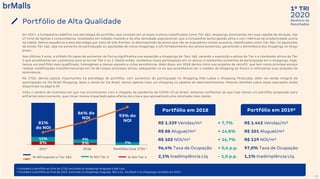 2020
1º TRI
Relatório de
Resultados
37
Portfólio de Alta Qualidade
Em 2017, a Companhia redefiniu sua estratégia de portfólio, que consiste em se expor a ativos classificados como Tier 1&2: shoppings dominantes em suas regiões de atuação, top
of mind de lojistas e consumidores, localizados em cidades maiores e de alta densidade populacional, que a Companhia tenha gestão ativa e com métricas de produtividade acima
da média. Demos sequência à esta estratégia por meio de três frentes: (i) desinvestindo de ativos que não se enquadram nestes quesitos, classificados como Tier 3&4; (ii) aquisições
de ativos Tier 1&2, seja via aumento de participação ou aquisições de novos shoppings; e (iii) fortalecimento dos ativos existentes, garantindo a dominância dos shoppings no longo
prazo.
Nos últimos 3 anos, a brMalls foi capaz de aumentar de forma significativa sua exposição a shoppings de Tiers 1&2, zerando a exposição a ativos de Tier 4 e mantendo ativos de Tier
3 que acreditamos ter o potencial para se tornar Tier 2 ou 1. Desde então, vendemos nossa participação em 14 ativos, e realizamos aumentos de participação em 4 shoppings. Hoje,
temos um portfólio mais qualificado, homogêneo e menos exposto a ciclos econômicos. Além disso, em 2018 demos início aos projetos de retrofit, que tem como principal escopo
realizar modificações transformacionais em 10 de nossos principais ativos, adequando-os ao que acreditamos ser o modelo de shopping do futuro e reforçando suas posições de
dominância.
No 1T20, demos passos importantes na estratégia de portfólio, com aumentos de participação no Shopping Villa-Lobos e Shopping Piracicaba, além da venda integral de
participação no Via Brasil Shopping. Após a venda do Via Brasil, temos apenas mais um shopping no pipeline de desinvestimentos. Maiores detalhes sobre estas operações estão
disponíveis na página 39.
Visto o cenário de incerteza em que nos encontramos com a chegada da pandemia de COVID-19 ao Brasil, estamos confiantes de que hoje temos um portfólio preparado para
enfrentar este momento, que irá ser menos impactado pelos efeitos da crise e que apresentará uma retomada mais rápida.
8% 5%
11% 9%
7%
81%
do NOI
86% do
NOI 93% do
NOI
75%
77%
79%
81%
83%
85%
87%
89%
91%
93%
95%
0%
10%
20%
30%
40%
50%
60%
70%
80%
90%
100%
% NOI exposto a Tier 1&2 % NOI Tier 3 % NOI Tier 4
2017 2018 Portfólio Core 1T20 ¹
¹ Considera o portfólio ao final do 1T20, excluindo os shoppings Araguaia e São Luis.
² Considera o portfólio ao final de 2019, excluindo os shoppings Araguaia, São Luis , Via Brasil e os shoppings vendidos em 2019
Portfólio em 2018
R$ 1.339 Vendas/m²
R$ 88 Aluguel/m²
R$ 102 NOI/m²
96,4% Taxa de Ocupação
2,1% Inadimplência Líq.
R$ 1.442 Vendas/m²
R$ 101 Aluguel/m²
R$ 119 NOI/m²
97,0% Taxa de Ocupação
1,1% Inadimplência Líq.
+ 7,7%
+ 14,8%
+ 16,7%
+ 0,6 p.p.
- 1,0 p.p.
Portfólio em 2019²
 