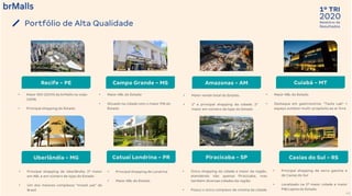 2020
1º TRI
Relatório de
Resultados
41
Portfólio de Alta Qualidade
• Maior venda total do Estado.
• 1° e principal shopping da cidade; 2°
maior em número de lojas do Estado
• Maior NOI (2019) da brMalls na visão
100%
• Principal shopping do Estado
• Maior ABL do Estado
• Situado na cidade com o maior PIB do
Estado
• Maior ABL do Estado
• Destaque em gastronomia: “Taste Lab” +
espaço outdoor multi-propósito ao ar livre
• Principal shopping de Londrina
• Maior ABL do Estado
• Principal shopping da serra gaúcha e
de Caxias do Sul
• Localizado na 2ª maior cidade e maior
PIB/capita do Estado
• Principal shopping de Uberlândia; 2º maior
em ABL e em número de lojas do Estado
• Um dos maiores complexos “mixed use” do
Brasil
• Único shopping da cidade e maior da região,
atendendo não apenas Piracicaba, mas
também diversas cidades da região
• Possui o único complexo de cinema da cidade
Recife - PE Campo Grande - MS Amazonas - AM Cuiabá - MT
Uberlândia - MG Catuaí Londrina - PR Piracicaba - SP Caxias do Sul - RS
 