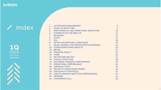 2020
1Q
Earnings
Release
1. LETTER FROM MANAGEMENT
2. COVID-19 INITIATIVES
3. MAIN FINANCIAL AND OPERATIONAL INDICATORS
4. COMMENTS ON THE RESULTS
5. REVENUES
6. COSTS
7. NOI
8. DETAILS ON MAIN MALL VARIATIONS
9. SALES, GENERAL AND ADMINISTRATIVE EXPENSES
10. OTHER OPERATIONAL RESULTS
11. EBITDA
12. FINANCIAL RESULT
13. TAXES
14. NET INCOME AND FFO
15. CAPITAL STRUCTURE
16. HISTORICAL FINANCIAL PERFORMANCE
17. OPERATIONAL PERFORMANCE
18. LEASING ACTIVITY
19. PROJECTS UNDER DEVELOPMENT
20. HIGH QUALITY PORTFOLIO
21. CAPITAL MARKETS AND STOCK PERFORMANCE
22. APPENDIX
23. CONFERENCE CALL
2
2020
1Q
Earnings
Release
3
5
12
14
15
17
18
20
21
23
24
25
26
27
28
29
30
35
36
37
42
44
53
Index
 