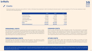 2020
1Q
Earnings
Release
17
Costs
¹ For the 1Q19 ‘Ex-Divestments’ analysis, we exclude the 7 malls sold in August/19, Shopping Sete Lagoas, divested from in February/19, and the result for March of Via Brasil Shopping, sold in March/20. We emphasize
that, between 1Q19 and 1Q20, we increased our stake in Shopping Del Rey, Shopping Iguatemi Caxias, Shopping Villa-Lobos and Shopping Piracicaba by 15.0%, 25.5%, 5.0% and 38.4%, respectively. Our results were
impacted as of the date of each event.
1Q20 1Q19 %
Personnel Costs (5,872) (7,588) -22.6%
Services Provided (4,006) (3,774) 6.1%
Common Costs (11,297) (11,879) -4.9%
Merchandising Costs (2,321) (3,354) -30.8%
Other Costs (12,169) (9,858) 23.4%
Costs (35,665) (36,453) -2.2%
Costs Ex Divestments ¹ (35,665) (30,313) 17.7%
During the quarter, total costs came at R$ 35.7 million, 2.2% below that presented in 1Q19. Excluding the divested assets¹, costs increased by 17.7%. The main variations in costs
were due to the following factors:
PERSONNEL COSTS
We recorded a 22.6% reduction in personnel costs, which totaled R$ 5.9 million in 1Q20.
The improvement is associated with the divestment from 8 malls in 2019. Excluding the
divested assets¹, personnel costs reduced by 7.2%. The main effect that contributed to
this reduction came from readjustments in the store audit team after the collection of
sales information from stores was automated.
COMMON COSTS
Common costs decreased by 4.9% compared to 1Q19. The improvement is associated
with a reduction in the condominium contribution due to the sale of 8 assets in 2019.
However, excluding the divested assets¹, common costs grew by R$ 2.5 million. One of
the main effects was the temporary increase in condominium contributions in assets
with mapped expansions, which include the movement of tenants and GLA adjustments.
MERCHANDISING COSTS
Merchandising costs decreased by 30.8% during the quarter. This reduction is mainly
associated with the decrease in expenses with marketing initiatives promoted at
Shopping Estação Cuiabá, opened in 4Q18, and at Shopping Estação BH.
OTHER COSTS
At the end of the quarter, other costs totaled R$ 12.2 million, an increase of 23.4%
compared to 1Q19. This variation was mainly due to the repurchase of stores from
tenants, in the amount of R$ 1.8 million, to enable the retrofit and expansion projects,
along with the increase in parking costs.
 
