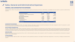 2020
1Q
Earnings
ReleaseSales, General and Administrative Expenses
22
ADMINISTRATIVE EXPENSES
Administrative expenses decreased by 27.8% in the quarter. Expenses with wages, charges and benefits decreased by 9.9% when compared to 1Q19. The reduction in profit
sharing expenses was a result of the lack of provision in 1Q20, due to the COVID-19 pandemic.
STOCK-BASED COMPENSATION
The R$ 7.1 million reduction in stock-based compensation expenses is mainly explained by the performance of the Company’s stock during the period, which depreciated when
compared to the peers of the sector. Thus, there was a reversal of the provisions made for the long-term incentive plan. This reversal was amplified by the issuance, in 2019, of the
3rd Performance Shares Program, which will compromise 1,276,466 shares that, in the event of the achievement of the Maximum Performance Factor, may total 1,595,583 shares.
SERVICES HIRED
Expenses with outsourced services grew by 53.9%, or R$ 1.5 million during the quarter, when compared to 1Q19. This variation is mainly explained by consultancies to support
Digital Transformation projects.
OTHER EXPENSES
The variation between 1Q20 and 1Q19 in other expenses is mainly explained by advances in the Digital Transformation department, in line with our strategy to accelerate their
projects.
GENERAL AND ADMINISTRATIVE EXPENSES
Totaling R$ 20.1 million, first quarter general and administrative expenses decreased by 32.3% over 1Q19. Below, we highlight the main impacts on general & administrative
expenses:
1Q20 1Q19 %
Administrative Expenses (16,382) (22,679) -27.8%
Expenditures on wages, charges and benefits (16,382) (18,180) -9.9%
Profit Sharing - (4,499) -100.0%
Stock-Based Compensation 4,298 (2,753) -
Services Hired (4,234) (2,751) 53.9%
Other Expenses (3,758) (1,488) 152.6%
Contingency Expenses (160) 1,341 -
Other Expenses (3,598) (2,829) 27.2%
G&A Expenses (20,076) (29,671) -32.3%
 