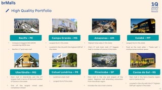 2020
1Q
Earnings
Release
41
High Quality Portfolio
• Highest total sales in the state
• City’s 1st and main mall; 2nd biggest
mall in number of stores in the state
• Company’s biggest NOI (2019)
considering 100% view
• Recife’s 1st and main mall
• Largest GLA in the state
• Located in the city with the highest GDP of
the state
• Largest GLA in the state
• Food as the main pillar – “Taste Lab” +
multipurpose outdoor space
• Londrina’s main mall
• Largest GLA of the state
• Main mall in the Serra Gaúcha region
and in Caxias do Sul
• Located in the city with the 2nd highest
GDP per capita in the state
• Main mall in Uberlândia and the 2nd
largest mall in terms of GLA and number
of stores in the state
• One of the largest mixed used
complexes in Brazil
• Main mall in the city and largest of the
region. Regional mall attending consumers
from the whole region.
• Includes the city’s main cinema
Recife - PE Campo Grande - MS Amazonas - AM Cuiabá - MT
Uberlândia - MG Catuaí Londrina - PR Piracicaba - SP Caxias do Sul - RS
 