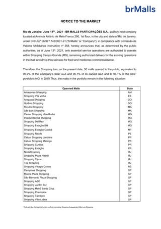 NOTICE TO THE MARKET
Rio de Janeiro, June 14th
, 2021 - BR MALLS PARTICIPAÇÕES S.A., publicly held company
located at Aven...