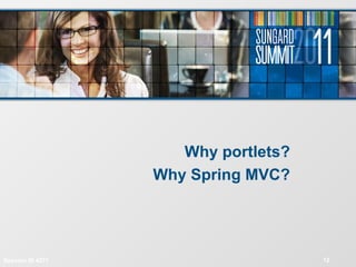 Session ID 4271 12
Why portlets?
Why Spring MVC?
 