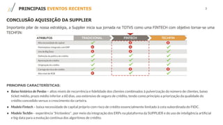 3PRINCIPAIS EVENTOS RECENTES
CONCLUSÃO AQUISIÇÃO DA SUPPLIER
Importante pilar de nossa estratégia, a Supplier inicia sua jornada na TOTVS como uma FINTECH com objetivo tornar-se uma
TECHFIN:
PRINCIPAIS CARACTERÍSTICAS:
● Baixo histórico de Perdas – altos níveis de recorrência e ﬁdelidade dos clientes combinados à pulverização do número de clientes, baixo
ticket médio, prazo médio inferior a 60 dias, uso extensivo de seguro de crédito, tendo como princípio a priorização da qualidade do
crédito concedido versus o crescimento da carteira.
● Modelo Fintech – baixa necessidade de capital próprio com risco de crédito essencialmente limitado à cota subordinada do FIDC.
● Modelo Techﬁn - experiência "frictionless" , por meio da integração dos ERPs na plataforma da SUPPLIER e do uso de inteligência artiﬁcial
e big data para a evolução contínua dos algoritmos de crédito.
 