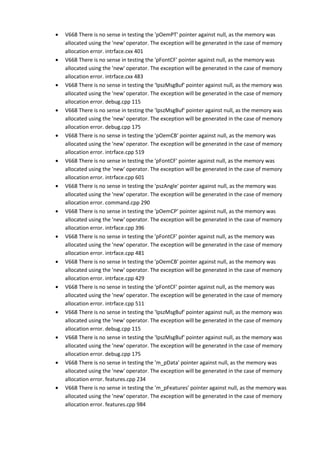 • V668 There is no sense in testing the 'pOemPT' pointer against null, as the memory was 
allocated using the 'new' operator. The exception will be generated in the case of memory 
allocation error. intrface.cxx 401 
• V668 There is no sense in testing the 'pFontCF' pointer against null, as the memory was 
allocated using the 'new' operator. The exception will be generated in the case of memory 
allocation error. intrface.cxx 483 
• V668 There is no sense in testing the 'lpszMsgBuf' pointer against null, as the memory was 
allocated using the 'new' operator. The exception will be generated in the case of memory 
allocation error. debug.cpp 115 
• V668 There is no sense in testing the 'lpszMsgBuf' pointer against null, as the memory was 
allocated using the 'new' operator. The exception will be generated in the case of memory 
allocation error. debug.cpp 175 
• V668 There is no sense in testing the 'pOemCB' pointer against null, as the memory was 
allocated using the 'new' operator. The exception will be generated in the case of memory 
allocation error. intrface.cpp 519 
• V668 There is no sense in testing the 'pFontCF' pointer against null, as the memory was 
allocated using the 'new' operator. The exception will be generated in the case of memory 
allocation error. intrface.cpp 601 
• V668 There is no sense in testing the 'pszAngle' pointer against null, as the memory was 
allocated using the 'new' operator. The exception will be generated in the case of memory 
allocation error. command.cpp 290 
• V668 There is no sense in testing the 'pOemCP' pointer against null, as the memory was 
allocated using the 'new' operator. The exception will be generated in the case of memory 
allocation error. intrface.cpp 396 
• V668 There is no sense in testing the 'pFontCF' pointer against null, as the memory was 
allocated using the 'new' operator. The exception will be generated in the case of memory 
allocation error. intrface.cpp 481 
• V668 There is no sense in testing the 'pOemCB' pointer against null, as the memory was 
allocated using the 'new' operator. The exception will be generated in the case of memory 
allocation error. intrface.cpp 429 
• V668 There is no sense in testing the 'pFontCF' pointer against null, as the memory was 
allocated using the 'new' operator. The exception will be generated in the case of memory 
allocation error. intrface.cpp 511 
• V668 There is no sense in testing the 'lpszMsgBuf' pointer against null, as the memory was 
allocated using the 'new' operator. The exception will be generated in the case of memory 
allocation error. debug.cpp 115 
• V668 There is no sense in testing the 'lpszMsgBuf' pointer against null, as the memory was 
allocated using the 'new' operator. The exception will be generated in the case of memory 
allocation error. debug.cpp 175 
• V668 There is no sense in testing the 'm_pData' pointer against null, as the memory was 
allocated using the 'new' operator. The exception will be generated in the case of memory 
allocation error. features.cpp 234 
• V668 There is no sense in testing the 'm_pFeatures' pointer against null, as the memory was 
allocated using the 'new' operator. The exception will be generated in the case of memory 
allocation error. features.cpp 984 
 