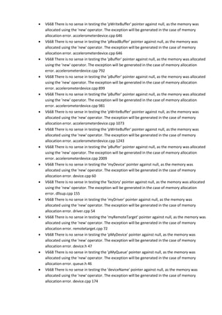 • V668 There is no sense in testing the 'pWriteBuffer' pointer against null, as the memory was 
allocated using the 'new' operator. The exception will be generated in the case of memory 
allocation error. accelerometerdevice.cpp 646 
• V668 There is no sense in testing the 'pReadBuffer' pointer against null, as the memory was 
allocated using the 'new' operator. The exception will be generated in the case of memory 
allocation error. accelerometerdevice.cpp 646 
• V668 There is no sense in testing the 'pBuffer' pointer against null, as the memory was allocated 
using the 'new' operator. The exception will be generated in the case of memory allocation 
error. accelerometerdevice.cpp 792 
• V668 There is no sense in testing the 'pBuffer' pointer against null, as the memory was allocated 
using the 'new' operator. The exception will be generated in the case of memory allocation 
error. accelerometerdevice.cpp 899 
• V668 There is no sense in testing the 'pBuffer' pointer against null, as the memory was allocated 
using the 'new' operator. The exception will be generated in the case of memory allocation 
error. accelerometerdevice.cpp 981 
• V668 There is no sense in testing the 'pWriteBuffer' pointer against null, as the memory was 
allocated using the 'new' operator. The exception will be generated in the case of memory 
allocation error. accelerometerdevice.cpp 1073 
• V668 There is no sense in testing the 'pWriteBuffer' pointer against null, as the memory was 
allocated using the 'new' operator. The exception will be generated in the case of memory 
allocation error. accelerometerdevice.cpp 1243 
• V668 There is no sense in testing the 'pBuffer' pointer against null, as the memory was allocated 
using the 'new' operator. The exception will be generated in the case of memory allocation 
error. accelerometerdevice.cpp 2009 
• V668 There is no sense in testing the 'myDevice' pointer against null, as the memory was 
allocated using the 'new' operator. The exception will be generated in the case of memory 
allocation error. device.cpp 60 
• V668 There is no sense in testing the 'factory' pointer against null, as the memory was allocated 
using the 'new' operator. The exception will be generated in the case of memory allocation 
error. dllsup.cpp 155 
• V668 There is no sense in testing the 'myDriver' pointer against null, as the memory was 
allocated using the 'new' operator. The exception will be generated in the case of memory 
allocation error. driver.cpp 54 
• V668 There is no sense in testing the 'myRemoteTarget' pointer against null, as the memory was 
allocated using the 'new' operator. The exception will be generated in the case of memory 
allocation error. remotetarget.cpp 72 
• V668 There is no sense in testing the 'pMyDevice' pointer against null, as the memory was 
allocated using the 'new' operator. The exception will be generated in the case of memory 
allocation error. device.h 47 
• V668 There is no sense in testing the 'pMyQueue' pointer against null, as the memory was 
allocated using the 'new' operator. The exception will be generated in the case of memory 
allocation error. queue.h 46 
• V668 There is no sense in testing the 'deviceName' pointer against null, as the memory was 
allocated using the 'new' operator. The exception will be generated in the case of memory 
allocation error. device.cpp 174 
 