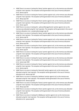 • V668 There is no sense in testing the 'device' pointer against null, as the memory was allocated 
using the 'new' operator. The exception will be generated in the case of memory allocation 
error. device.cpp 61 
• V668 There is no sense in testing the 'factory' pointer against null, as the memory was allocated 
using the 'new' operator. The exception will be generated in the case of memory allocation 
error. dllsup.cpp 158 
• V668 There is no sense in testing the 'driver' pointer against null, as the memory was allocated 
using the 'new' operator. The exception will be generated in the case of memory allocation 
error. driver.cpp 54 
• V668 There is no sense in testing the '_pSensorManagerEvents' pointer against null, as the 
memory was allocated using the 'new' operator. The exception will be generated in the case of 
memory allocation error. sampleradiomanager.cpp 39 
• V668 There is no sense in testing the 'device' pointer against null, as the memory was allocated 
using the 'new' operator. The exception will be generated in the case of memory allocation 
error. device.cpp 59 
• V668 There is no sense in testing the 'factory' pointer against null, as the memory was allocated 
using the 'new' operator. The exception will be generated in the case of memory allocation 
error. dllsup.cpp 165 
• V668 There is no sense in testing the 'driver' pointer against null, as the memory was allocated 
using the 'new' operator. The exception will be generated in the case of memory allocation 
error. driver.cpp 59 
• V668 There is no sense in testing the 'queue' pointer against null, as the memory was allocated 
using the 'new' operator. The exception will be generated in the case of memory allocation 
error. queue.cpp 108 
• V668 There is no sense in testing the 'queue' pointer against null, as the memory was allocated 
using the 'new' operator. The exception will be generated in the case of memory allocation 
error. queue.cpp 1358 
• V668 There is no sense in testing the 'device' pointer against null, as the memory was allocated 
using the 'new' operator. The exception will be generated in the case of memory allocation 
error. device.cpp 61 
• V668 There is no sense in testing the 'devInstId' pointer against null, as the memory was 
allocated using the 'new' operator. The exception will be generated in the case of memory 
allocation error. device.cpp 547 
• V668 There is no sense in testing the 'pdoName' pointer against null, as the memory was 
allocated using the 'new' operator. The exception will be generated in the case of memory 
allocation error. device.cpp 622 
• V668 There is no sense in testing the 'factory' pointer against null, as the memory was allocated 
using the 'new' operator. The exception will be generated in the case of memory allocation 
error. dllsup.cpp 158 
• V668 There is no sense in testing the 'driver' pointer against null, as the memory was allocated 
using the 'new' operator. The exception will be generated in the case of memory allocation 
error. driver.cpp 54 
• V668 There is no sense in testing the 'pMyQueue' pointer against null, as the memory was 
allocated using the 'new' operator. The exception will be generated in the case of memory 
allocation error. queue.cpp 85 
 