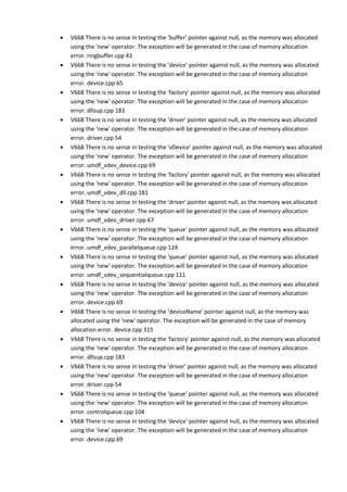 • V668 There is no sense in testing the 'buffer' pointer against null, as the memory was allocated 
using the 'new' operator. The exception will be generated in the case of memory allocation 
error. ringbuffer.cpp 43 
• V668 There is no sense in testing the 'device' pointer against null, as the memory was allocated 
using the 'new' operator. The exception will be generated in the case of memory allocation 
error. device.cpp 65 
• V668 There is no sense in testing the 'factory' pointer against null, as the memory was allocated 
using the 'new' operator. The exception will be generated in the case of memory allocation 
error. dllsup.cpp 183 
• V668 There is no sense in testing the 'driver' pointer against null, as the memory was allocated 
using the 'new' operator. The exception will be generated in the case of memory allocation 
error. driver.cpp 54 
• V668 There is no sense in testing the 'vDevice' pointer against null, as the memory was allocated 
using the 'new' operator. The exception will be generated in the case of memory allocation 
error. umdf_vdev_device.cpp 69 
• V668 There is no sense in testing the 'factory' pointer against null, as the memory was allocated 
using the 'new' operator. The exception will be generated in the case of memory allocation 
error. umdf_vdev_dll.cpp 181 
• V668 There is no sense in testing the 'driver' pointer against null, as the memory was allocated 
using the 'new' operator. The exception will be generated in the case of memory allocation 
error. umdf_vdev_driver.cpp 67 
• V668 There is no sense in testing the 'queue' pointer against null, as the memory was allocated 
using the 'new' operator. The exception will be generated in the case of memory allocation 
error. umdf_vdev_parallelqueue.cpp 124 
• V668 There is no sense in testing the 'queue' pointer against null, as the memory was allocated 
using the 'new' operator. The exception will be generated in the case of memory allocation 
error. umdf_vdev_sequentialqueue.cpp 111 
• V668 There is no sense in testing the 'device' pointer against null, as the memory was allocated 
using the 'new' operator. The exception will be generated in the case of memory allocation 
error. device.cpp 69 
• V668 There is no sense in testing the 'deviceName' pointer against null, as the memory was 
allocated using the 'new' operator. The exception will be generated in the case of memory 
allocation error. device.cpp 315 
• V668 There is no sense in testing the 'factory' pointer against null, as the memory was allocated 
using the 'new' operator. The exception will be generated in the case of memory allocation 
error. dllsup.cpp 183 
• V668 There is no sense in testing the 'driver' pointer against null, as the memory was allocated 
using the 'new' operator. The exception will be generated in the case of memory allocation 
error. driver.cpp 54 
• V668 There is no sense in testing the 'queue' pointer against null, as the memory was allocated 
using the 'new' operator. The exception will be generated in the case of memory allocation 
error. controlqueue.cpp 104 
• V668 There is no sense in testing the 'device' pointer against null, as the memory was allocated 
using the 'new' operator. The exception will be generated in the case of memory allocation 
error. device.cpp 69 
 