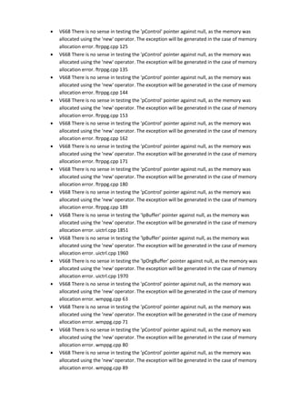 • V668 There is no sense in testing the 'pControl' pointer against null, as the memory was 
allocated using the 'new' operator. The exception will be generated in the case of memory 
allocation error. ftrppg.cpp 125 
• V668 There is no sense in testing the 'pControl' pointer against null, as the memory was 
allocated using the 'new' operator. The exception will be generated in the case of memory 
allocation error. ftrppg.cpp 135 
• V668 There is no sense in testing the 'pControl' pointer against null, as the memory was 
allocated using the 'new' operator. The exception will be generated in the case of memory 
allocation error. ftrppg.cpp 144 
• V668 There is no sense in testing the 'pControl' pointer against null, as the memory was 
allocated using the 'new' operator. The exception will be generated in the case of memory 
allocation error. ftrppg.cpp 153 
• V668 There is no sense in testing the 'pControl' pointer against null, as the memory was 
allocated using the 'new' operator. The exception will be generated in the case of memory 
allocation error. ftrppg.cpp 162 
• V668 There is no sense in testing the 'pControl' pointer against null, as the memory was 
allocated using the 'new' operator. The exception will be generated in the case of memory 
allocation error. ftrppg.cpp 171 
• V668 There is no sense in testing the 'pControl' pointer against null, as the memory was 
allocated using the 'new' operator. The exception will be generated in the case of memory 
allocation error. ftrppg.cpp 180 
• V668 There is no sense in testing the 'pControl' pointer against null, as the memory was 
allocated using the 'new' operator. The exception will be generated in the case of memory 
allocation error. ftrppg.cpp 189 
• V668 There is no sense in testing the 'lpBuffer' pointer against null, as the memory was 
allocated using the 'new' operator. The exception will be generated in the case of memory 
allocation error. uictrl.cpp 1851 
• V668 There is no sense in testing the 'lpBuffer' pointer against null, as the memory was 
allocated using the 'new' operator. The exception will be generated in the case of memory 
allocation error. uictrl.cpp 1960 
• V668 There is no sense in testing the 'lpOrgBuffer' pointer against null, as the memory was 
allocated using the 'new' operator. The exception will be generated in the case of memory 
allocation error. uictrl.cpp 1970 
• V668 There is no sense in testing the 'pControl' pointer against null, as the memory was 
allocated using the 'new' operator. The exception will be generated in the case of memory 
allocation error. wmppg.cpp 63 
• V668 There is no sense in testing the 'pControl' pointer against null, as the memory was 
allocated using the 'new' operator. The exception will be generated in the case of memory 
allocation error. wmppg.cpp 71 
• V668 There is no sense in testing the 'pControl' pointer against null, as the memory was 
allocated using the 'new' operator. The exception will be generated in the case of memory 
allocation error. wmppg.cpp 80 
• V668 There is no sense in testing the 'pControl' pointer against null, as the memory was 
allocated using the 'new' operator. The exception will be generated in the case of memory 
allocation error. wmppg.cpp 89 
 