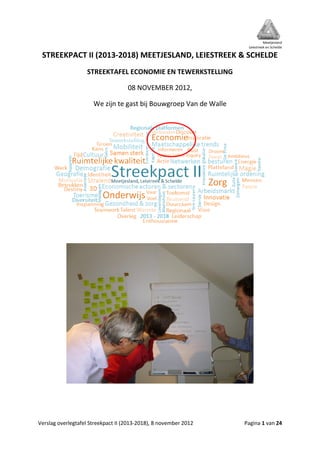 Meetjesland
Leiestreek en Schelde
Verslag overlegtafel Streekpact II (2013-2018), 8 november 2012 Pagina 1 van 24
STREEKPACT II (2013-2018) MEETJESLAND, LEIESTREEK & SCHELDE
STREEKTAFEL ECONOMIE EN TEWERKSTELLING
08 NOVEMBER 2012,
We zijn te gast bij Bouwgroep Van de Walle
 
