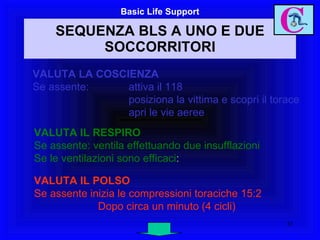 SEQUENZA BLS A UNO E DUE SOCCORRITORI Basic Life Support VALUTA LA COSCIENZA Se assente: attiva il 118 posiziona la vittima e scopri il torace apri le vie aeree VALUTA IL RESPIRO Se assente: ventila effettuando due insufflazioni Se le ventilazioni sono efficaci : VALUTA IL POLSO Se assente inizia le compressioni toraciche 15:2 Dopo circa un minuto (4 cicli) 