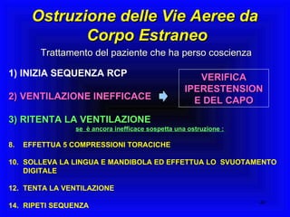 Ostruzione delle Vie Aeree da  Corpo Estraneo Trattamento del paziente che ha perso coscienza 1) INIZIA SEQUENZA RCP 2) VENTILAZIONE INEFFICACE 3) RITENTA LA VENTILAZIONE  se  è ancora inefficace sospetta una ostruzione :   EFFETTUA 5 COMPRESSIONI TORACICHE SOLLEVA LA LINGUA E MANDIBOLA ED EFFETTUA LO  SVUOTAMENTO DIGITALE TENTA LA VENTILAZIONE RIPETI SEQUENZA VERIFICA IPERESTENSIONE DEL CAPO 