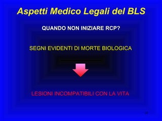 Aspetti Medico Legali del BLS QUANDO NON INIZIARE RCP? SEGNI EVIDENTI DI MORTE BIOLOGICA LESIONI INCOMPATIBILI CON LA VITA 