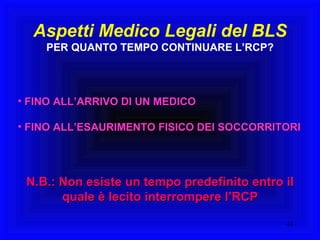 Aspetti Medico Legali del BLS PER QUANTO TEMPO CONTINUARE L’RCP? FINO ALL’ARRIVO DI UN MEDICO FINO ALL’ESAURIMENTO FISICO DEI SOCCORRITORI N.B.: Non esiste un tempo predefinito entro il quale è lecito interrompere l’RCP 