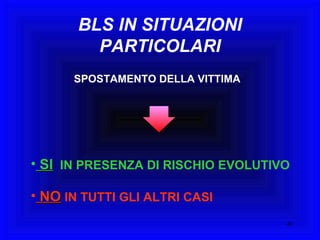BLS IN SITUAZIONI PARTICOLARI SPOSTAMENTO DELLA VITTIMA SI   IN PRESENZA DI RISCHIO EVOLUTIVO NO  IN TUTTI GLI ALTRI CASI 