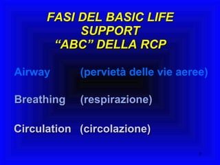 FASI DEL BASIC LIFE SUPPORT “ABC” DELLA RCP Airway (pervietà delle vie aeree) Circulation (circolazione) Breathing (respirazione) 