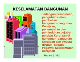 Cadangan pembinaan,
pengubahsuaian,
pembelian
bangunan-bangunan
Kerajaan,
penempatan dan
pemindahan pejabat-
pejabat Kerajaan di
bangunan-bangunan
Kerajaan dan swasta
dirujuk kepada
Pegawai Keselamatan
Kerajaan
KESELAMATAN BANGUNANKESELAMATAN BANGUNAN
Perkara 21 A.K
 