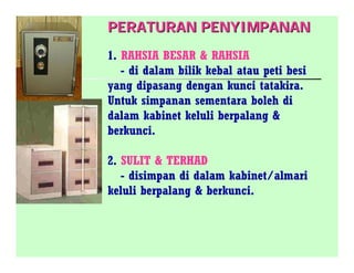PERATURAN PENYIMPANANPERATURAN PENYIMPANAN
1. RAHSIA BESAR & RAHSIA
- di dalam bilik kebal atau peti besi
yang dipasang dengan kunci tatakira.
Untuk simpanan sementara boleh di
dalam kabinet keluli berpalang &
berkunci.
2. SULIT & TERHAD
- disimpan di dalam kabinet/almari
keluli berpalang & berkunci.
 