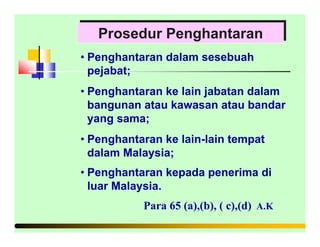 Prosedur PenghantaranProsedur Penghantaran
• Penghantaran dalam sesebuah
pejabat;
• Penghantaran ke lain jabatan dalam
bangunan atau kawasan atau bandar
yang sama;
• Penghantaran ke lain-lain tempat
dalam Malaysia;
• Penghantaran kepada penerima di
luar Malaysia.
Para 65 (a),(b), ( c),(d) A.K
 