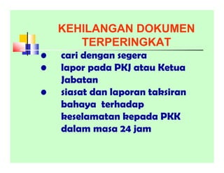 KEHILANGAN DOKUMEN
TERPERINGKAT
• cari dengan segera
• lapor pada PKJ atau Ketua
Jabatan
• siasat dan laporan taksiran
bahaya terhadap
keselamatan kepada PKK
dalam masa 24 jam
 