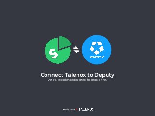 Connect Talenox to Deputy
An HR experience designed for people ﬁrst.
made with ♥
 