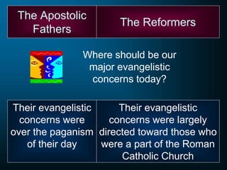 The Apostolic
Fathers
The Reformers
Their evangelistic
concerns were
over the paganism
of their day
Their evangelistic
concerns were largely
directed toward those who
were a part of the Roman
Catholic Church
Where should be our
major evangelistic
concerns today?
 