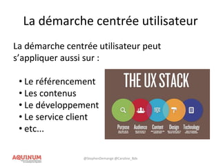 La démarche centrée utilisateur
La démarche centrée utilisateur peut
s’appliquer aussi sur :
• Le référencement
• Les contenus
• Le développement
• Le service client
• etc...
@StephenDemange @Caroline_Bdx
 