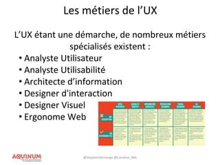 Les métiers de l’UX
L’UX étant une démarche, de nombreux métiers
spécialisés existent :
• Analyste Utilisateur
• Analyste Utilisabilité
• Architecte d’information
• Designer d'interaction
• Designer Visuel
• Ergonome Web
@StephenDemange @Caroline_Bdx
 