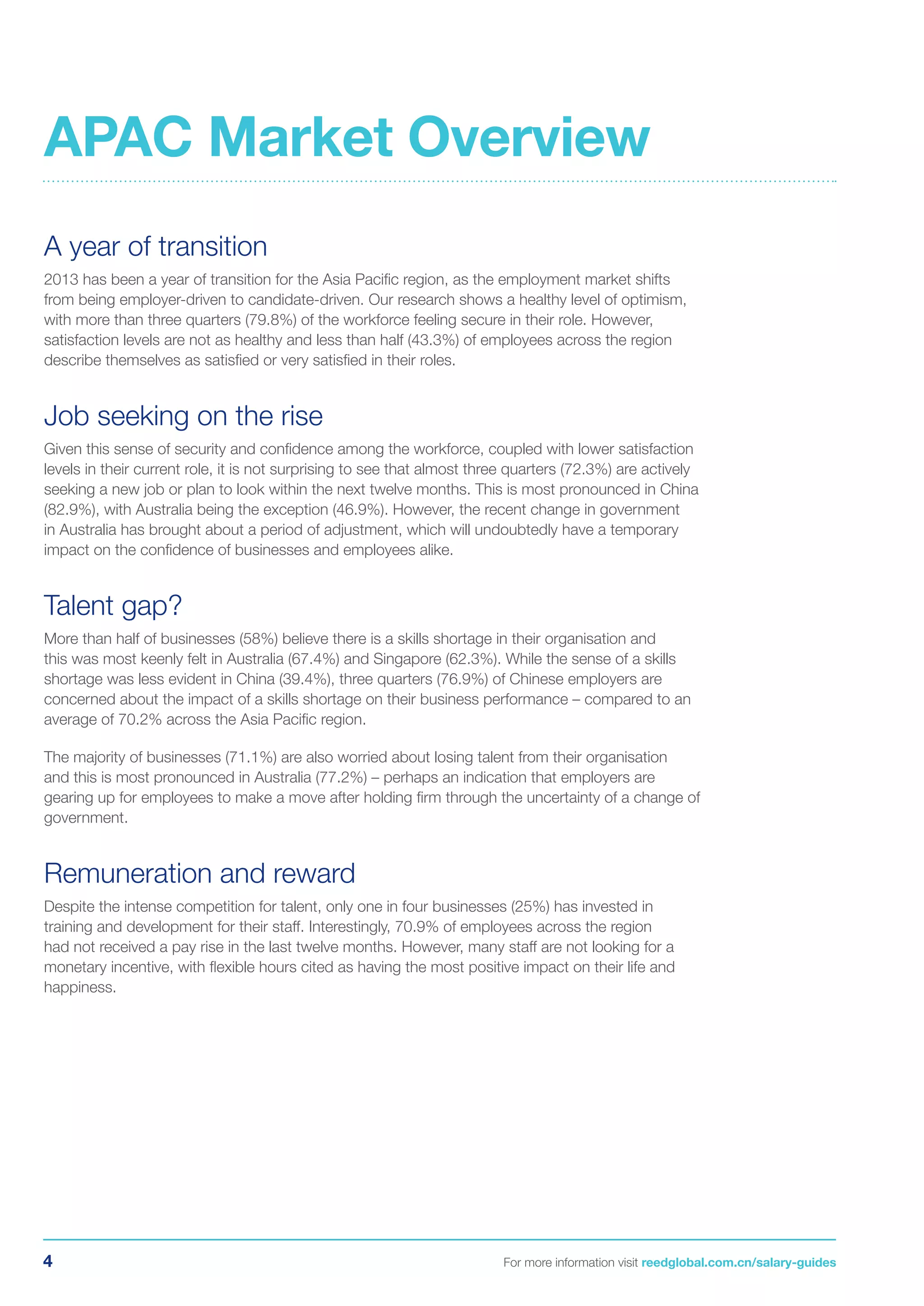 4 For more information visit reedglobal.com.cn/salary-guides
A year of transition
2013 has been a year of transition for the Asia Pacific region, as the employment market shifts
from being employer-driven to candidate-driven. Our research shows a healthy level of optimism,
with more than three quarters (79.8%) of the workforce feeling secure in their role. However,
satisfaction levels are not as healthy and less than half (43.3%) of employees across the region
describe themselves as satisfied or very satisfied in their roles.
Job seeking on the rise
Given this sense of security and confidence among the workforce, coupled with lower satisfaction
levels in their current role, it is not surprising to see that almost three quarters (72.3%) are actively
seeking a new job or plan to look within the next twelve months. This is most pronounced in China
(82.9%), with Australia being the exception (46.9%). However, the recent change in government
in Australia has brought about a period of adjustment, which will undoubtedly have a temporary
impact on the confidence of businesses and employees alike.
Talent gap?
More than half of businesses (58%) believe there is a skills shortage in their organisation and
this was most keenly felt in Australia (67.4%) and Singapore (62.3%). While the sense of a skills
shortage was less evident in China (39.4%), three quarters (76.9%) of Chinese employers are
concerned about the impact of a skills shortage on their business performance – compared to an
average of 70.2% across the Asia Pacific region.
The majority of businesses (71.1%) are also worried about losing talent from their organisation
and this is most pronounced in Australia (77.2%) – perhaps an indication that employers are
gearing up for employees to make a move after holding firm through the uncertainty of a change of
government.
Remuneration and reward
Despite the intense competition for talent, only one in four businesses (25%) has invested in
training and development for their staff. Interestingly, 70.9% of employees across the region
had not received a pay rise in the last twelve months. However, many staff are not looking for a
monetary incentive, with flexible hours cited as having the most positive impact on their life and
happiness.
APAC Market Overview
 