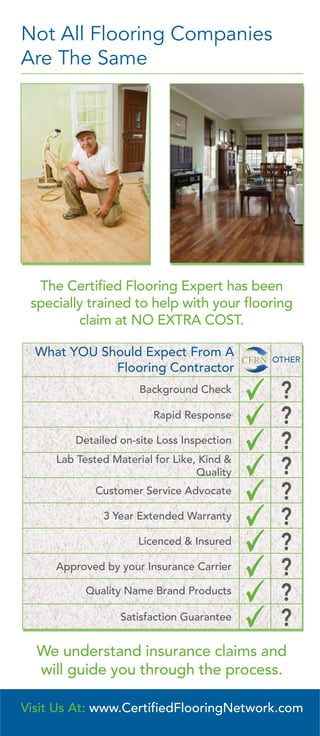 We understand insurance claims and
will guide you through the process.
?
?
?
?
?
?
?
?
?
?
Background Check
Rapid Response
Detailed on-site Loss Inspection
Lab Tested Material for Like, Kind &
Quality
Customer Service Advocate
3 Year Extended Warranty
Licenced & Insured
Approved by your Insurance Carrier
Quality Name Brand Products
Satisfaction Guarantee
What YOU Should Expect From A
Flooring Contractor
OTHER
The Certified Flooring Expert has been
specially trained to help with your flooring
claim at NO EXTRA COST.
Not All Flooring Companies
Are The Same
Visit Us At: www.CertifiedFlooringNetwork.com
 
