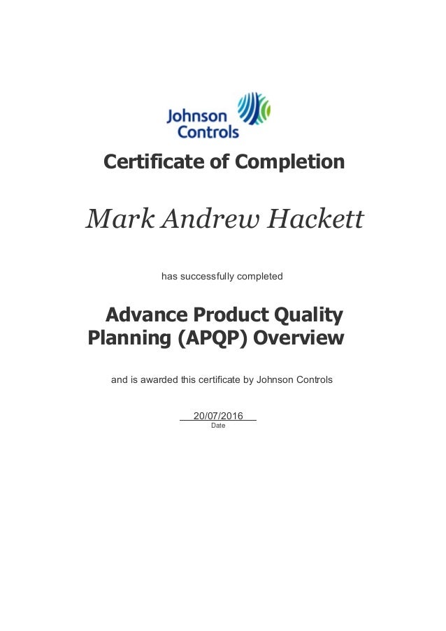 Advanced Product Quality Planning (APQP) overview Certificate