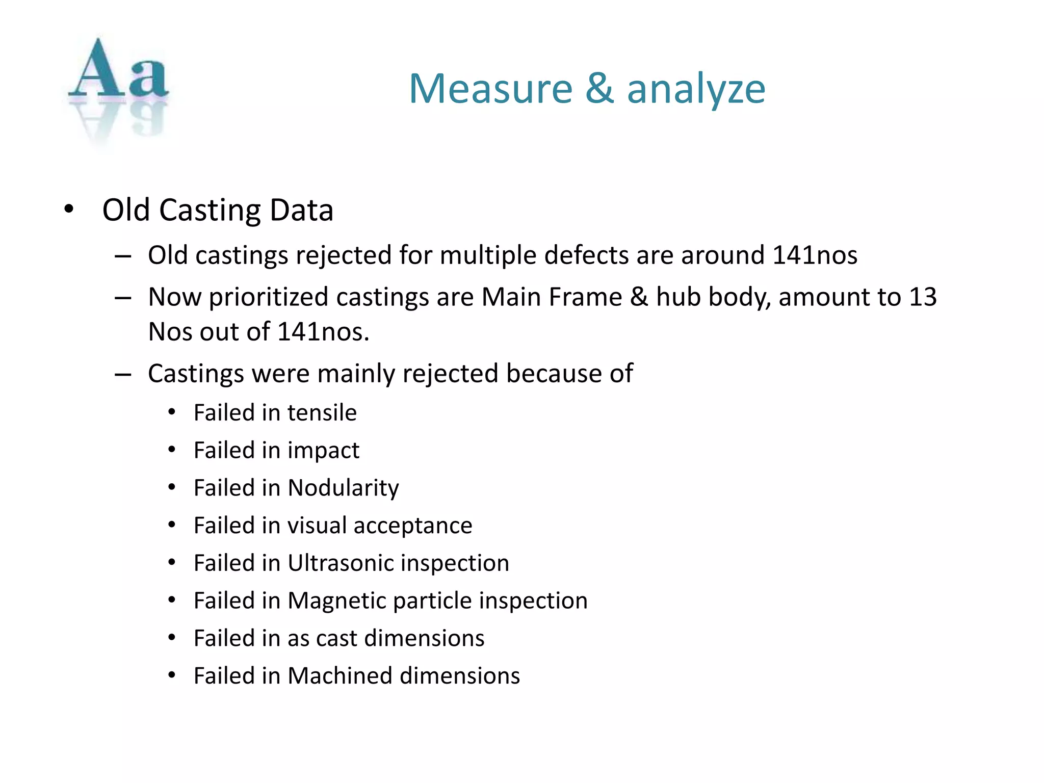 Measure & analyze
• Old Casting Data
– Old castings rejected for multiple defects are around 141nos
– Now prioritized castings are Main Frame & hub body, amount to 13
Nos out of 141nos.
– Castings were mainly rejected because of
• Failed in tensile
• Failed in impact
• Failed in Nodularity
• Failed in visual acceptance
• Failed in Ultrasonic inspection
• Failed in Magnetic particle inspection
• Failed in as cast dimensions
• Failed in Machined dimensions
 