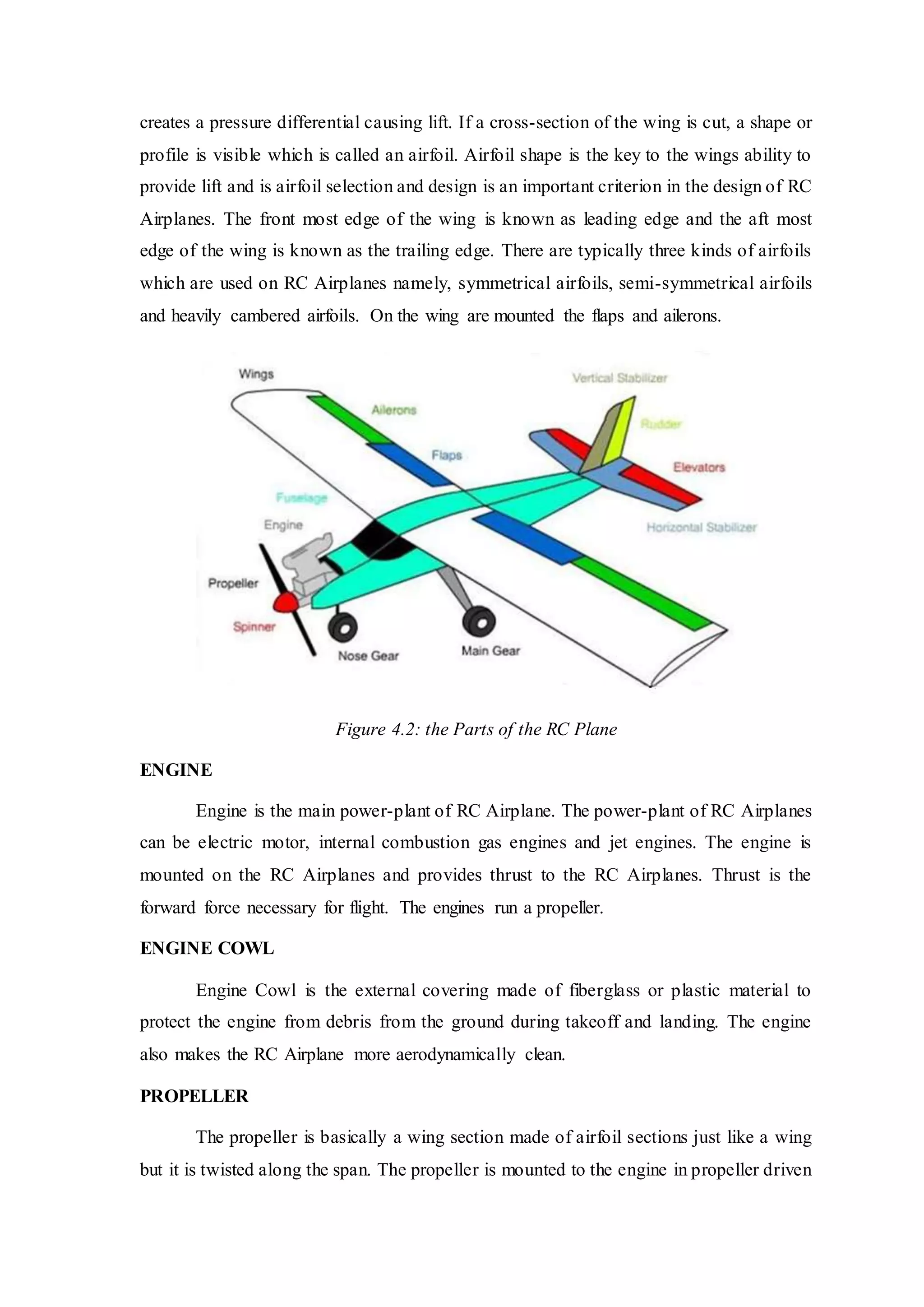creates a pressure differential causing lift. If a cross-section of the wing is cut, a shape or
profile is visible which is called an airfoil. Airfoil shape is the key to the wings ability to
provide lift and is airfoil selection and design is an important criterion in the design of RC
Airplanes. The front most edge of the wing is known as leading edge and the aft most
edge of the wing is known as the trailing edge. There are typically three kinds of airfoils
which are used on RC Airplanes namely, symmetrical airfoils, semi-symmetrical airfoils
and heavily cambered airfoils. On the wing are mounted the flaps and ailerons.
Figure 4.2: the Parts of the RC Plane
ENGINE
Engine is the main power-plant of RC Airplane. The power-plant of RC Airplanes
can be electric motor, internal combustion gas engines and jet engines. The engine is
mounted on the RC Airplanes and provides thrust to the RC Airplanes. Thrust is the
forward force necessary for flight. The engines run a propeller.
ENGINE COWL
Engine Cowl is the external covering made of fiberglass or plastic material to
protect the engine from debris from the ground during takeoff and landing. The engine
also makes the RC Airplane more aerodynamically clean.
PROPELLER
The propeller is basically a wing section made of airfoil sections just like a wing
but it is twisted along the span. The propeller is mounted to the engine in propeller driven
 