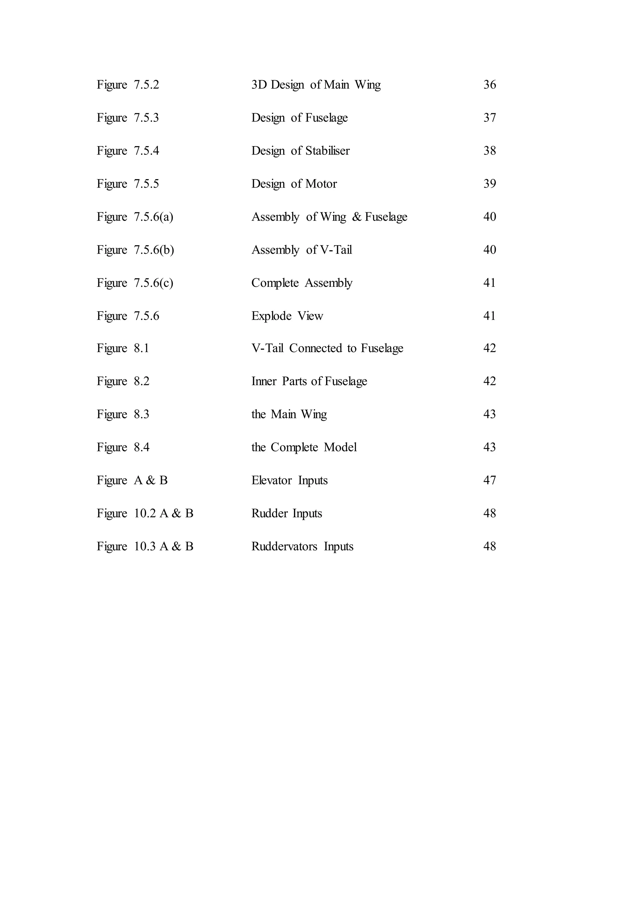 Figure 7.5.2 3D Design of Main Wing 36
Figure 7.5.3 Design of Fuselage 37
Figure 7.5.4 Design of Stabiliser 38
Figure 7.5.5 Design of Motor 39
Figure 7.5.6(a) Assembly of Wing & Fuselage 40
Figure 7.5.6(b) Assembly of V-Tail 40
Figure 7.5.6(c) Complete Assembly 41
Figure 7.5.6 Explode View 41
Figure 8.1 V-Tail Connected to Fuselage 42
Figure 8.2 Inner Parts of Fuselage 42
Figure 8.3 the Main Wing 43
Figure 8.4 the Complete Model 43
Figure A & B Elevator Inputs 47
Figure 10.2 A & B Rudder Inputs 48
Figure 10.3 A & B Ruddervators Inputs 48
 
