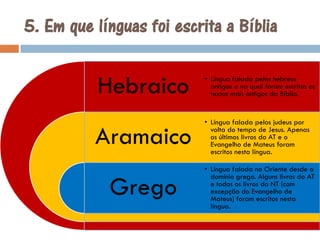 3. Como surgiu a BíbliaA Bíblia foi escrita ao longo de mais de 1000 anos por muitos autores diferentes. Alguns desses autores ficaram conhecidos outros não. Muitos dos livros são atribuídos aos autores que os inspiraram e não aos que realmente escreveram o texto.Alguns foram escritos por etapas por autores diferentes.