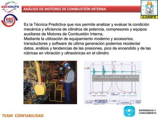 ANÁLISIS DE MOTORES DE COMBUSTIÓN INTERNA 
Es la Técnica Predictiva que nos permite analizar y evaluar la condición 
mecánica y eficiencia de cilindros de potencia, compresores y equipos 
auxiliares de Motores de Combustión Interna. 
Mediante la utilización de equipamiento moderno y accesorios, 
transductores y software de ultima generación podemos recolectar 
datos, análisis y tendencias de las presiones, pico de encendido y de las 
rúbricas en vibración y ultrasónicas en el cilindro 
TEAM CONFIABILIDAD 
EXPERIENCIA Y 
CONOCIMIENTO 
 
