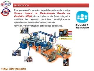PRESENTACION 
Esta presentación describe la plataforma-base de nuestro 
Sistema Integral de Mantenimiento Basado en 
Condición (CBM), donde incluimos de forma integral y 
metódica las técnicas predictivas estratégicamente 
aplicadas con tácticas diseñadas a partir de: 
la misión, visión y objetivos estratégicos del servicio. SOLIDEZ Y 
TEAM CONFIABILIDAD 
RESPALDO 
 