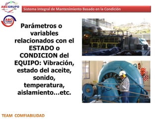 Sistema Integral de Mantenimiento Basado en la Condición 
Parámetros o 
variables 
relacionados con el 
ESTADO o 
CONDICION del 
EQUIPO: Vibración, 
estado del aceite, 
sonido, 
temperatura, 
aislamiento…etc. 
 