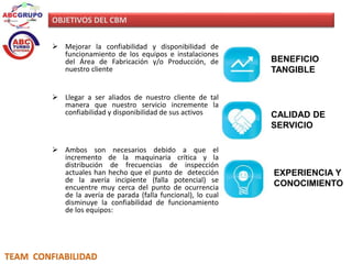 OBJETIVOS DEL CBM 
 Mejorar la confiabilidad y disponibilidad de 
funcionamiento de los equipos e instalaciones 
del Área de Fabricación y/o Producción, de 
nuestro cliente 
 Llegar a ser aliados de nuestro cliente de tal 
manera que nuestro servicio incremente la 
confiabilidad y disponibilidad de sus activos 
 Ambos son necesarios debido a que el 
incremento de la maquinaria crítica y la 
distribución de frecuencias de inspección 
actuales han hecho que el punto de detección 
de la avería incipiente (falla potencial) se 
encuentre muy cerca del punto de ocurrencia 
de la avería de parada (falla funcional), lo cual 
disminuye la confiabilidad de funcionamiento 
de los equipos: 
TEAM CONFIABILIDAD 
BENEFICIO 
TANGIBLE 
CALIDAD DE 
SERVICIO 
EXPERIENCIA Y 
CONOCIMIENTO 
 