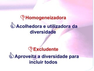 Homogeneizadora  Acolhedora e utilizadora da diversidade  Excludente  Aproveita a diversidade para incluir todos   