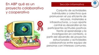 En ABP qué es un
proyecto colaborativo
y cooperativo
Conjunto de actividades
individuales y colectivos que
promueven el uso eficiente de
recursos, materiales e
infraestructuras, y cuyo aporte
central es desarrollar en los
participantes actitudes positivas
frente al aprendizaje y la
investigación en contexto, a
partir del desarrollo de proyectos
estructurados y actividades
colaborativas entre equipo de
personas con intereses comunes.
Sección Informativa
 
