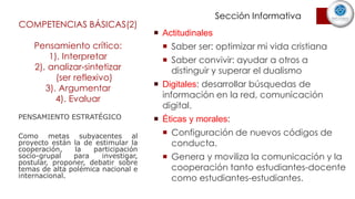 COMPETENCIAS BÁSICAS(2)
Pensamiento crítico:
1). Interpretar
2). analizar-sintetizar
(ser reflexivo)
3). Argumentar
4). Evaluar
 Actitudinales
 Saber ser: optimizar mi vida cristiana
 Saber convivir: ayudar a otros a
distinguir y superar el dualismo
 Digitales: desarrollar búsquedas de
información en la red, comunicación
digital.
 Éticas y morales:
 Configuración de nuevos códigos de
conducta.
 Genera y moviliza la comunicación y la
cooperación tanto estudiantes-docente
como estudiantes-estudiantes.
PENSAMIENTO ESTRATÉGICO
Como metas subyacentes al
proyecto están la de estimular la
cooperación, la participación
socio-grupal para investigar,
postular, proponer, debatir sobre
temas de alta polémica nacional e
internacional.
Sección Informativa
 