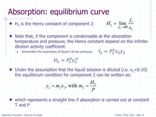 Separation Processes – Maurizio Fermeglia Trieste, 4 May, 2021 - slide 14
Absorption: equilibrium curve
H2 is the Henry constant of component 2:
Note that, if the component is condensable at the absorption
temperature and pressure, the Henry constant depend on the infinite-
dilution activity coefficient:
 Remember the expression of liquid f at low pressure:
Under the assumption that the liquid solution is diluted (i.e. x2<0.10)
the equilibrium condition for component 2 can be written as:
which represents a straight line if absorption is carried out at constant
T and P
2
2
2
2
0
lim
x
f
H
x


2
2 2 2 2
, with
H
y m x m
P
 
f2 = 𝑃2
𝑜
𝑥2𝛾2
𝐻2 = 𝑃2
0
𝛾2
∞
 