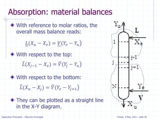 Separation Processes – Maurizio Fermeglia Trieste, 4 May, 2021 - slide 38
Absorption: material balances
With reference to molar ratios, the
overall mass balance reads:
With respect to the top:
With respect to the bottom:
They can be plotted as a straight line
in the X-Y diagram.
൯
𝐿(𝑋𝑢 − 𝑋𝑒) = 𝑉(𝑌𝑒 − 𝑌𝑢
൯
ത
𝐿(𝑋𝑗−1 − 𝑋𝑒) = ത
𝑉(𝑌
𝑗 − 𝑌𝑢
൯
ത
𝐿(𝑋𝑢 − 𝑋𝑗) = ത
𝑉(𝑌𝑒 − 𝑌
𝑗+1
 