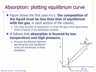 Separation Processes – Maurizio Fermeglia Trieste, 4 May, 2021 - slide 40
Absorption: plotting equilibrium curve
Figure shows the first case m>1: the composition of
the liquid must be less than that of equilibrium
with the gas, in each section of the column,
 The mass transfer of component 2 is from the gas to the liquid phase,
which is typical of any absorption process.
It follows that absorption is favored by low
temperature and high pressure,
 because the distance between
operating line and equilibrium
curve are maximized in these
conditions.
 